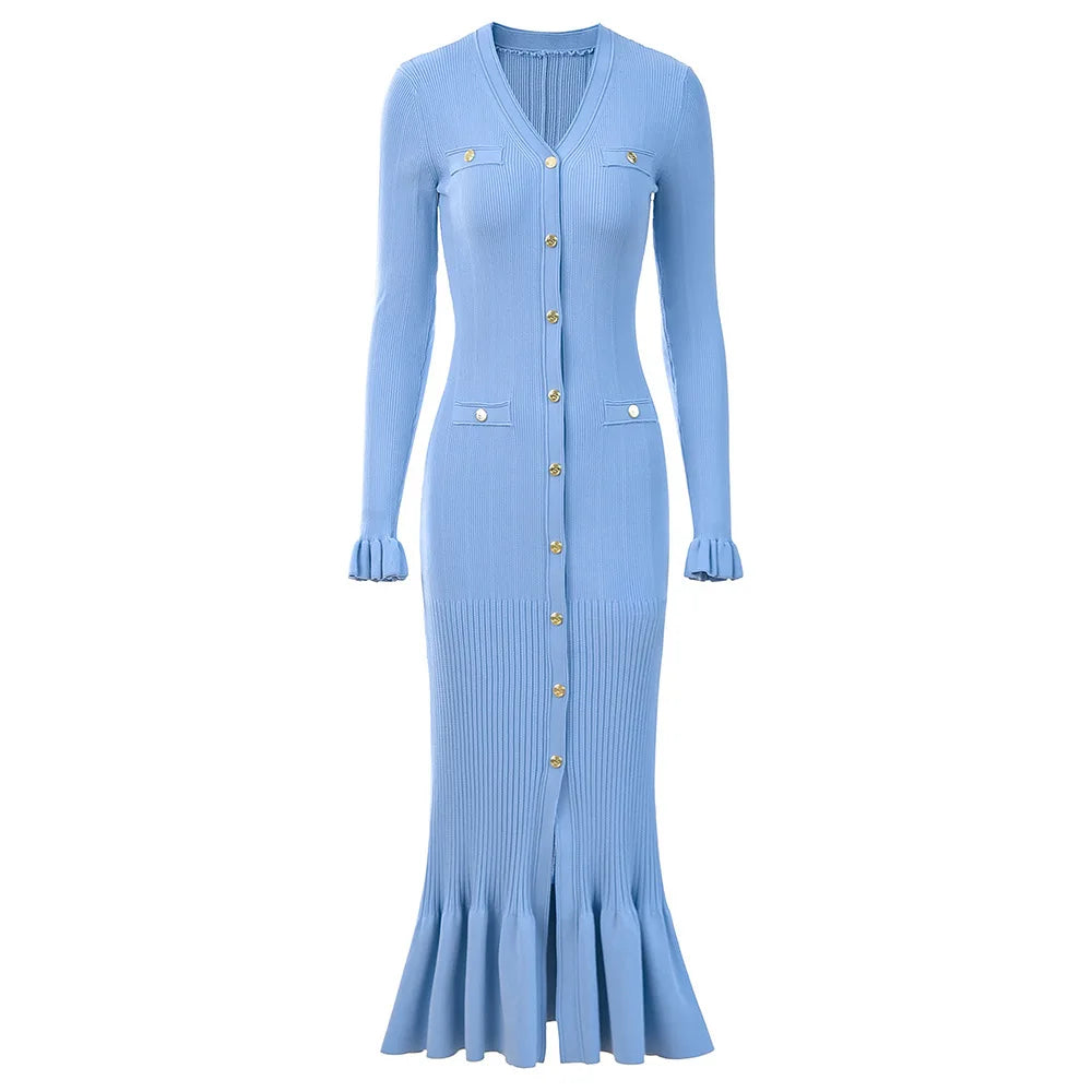 Lady Solid V-neckline Long Sleeve Women Knit Slim Fitted Flared Hem Maxi Dress