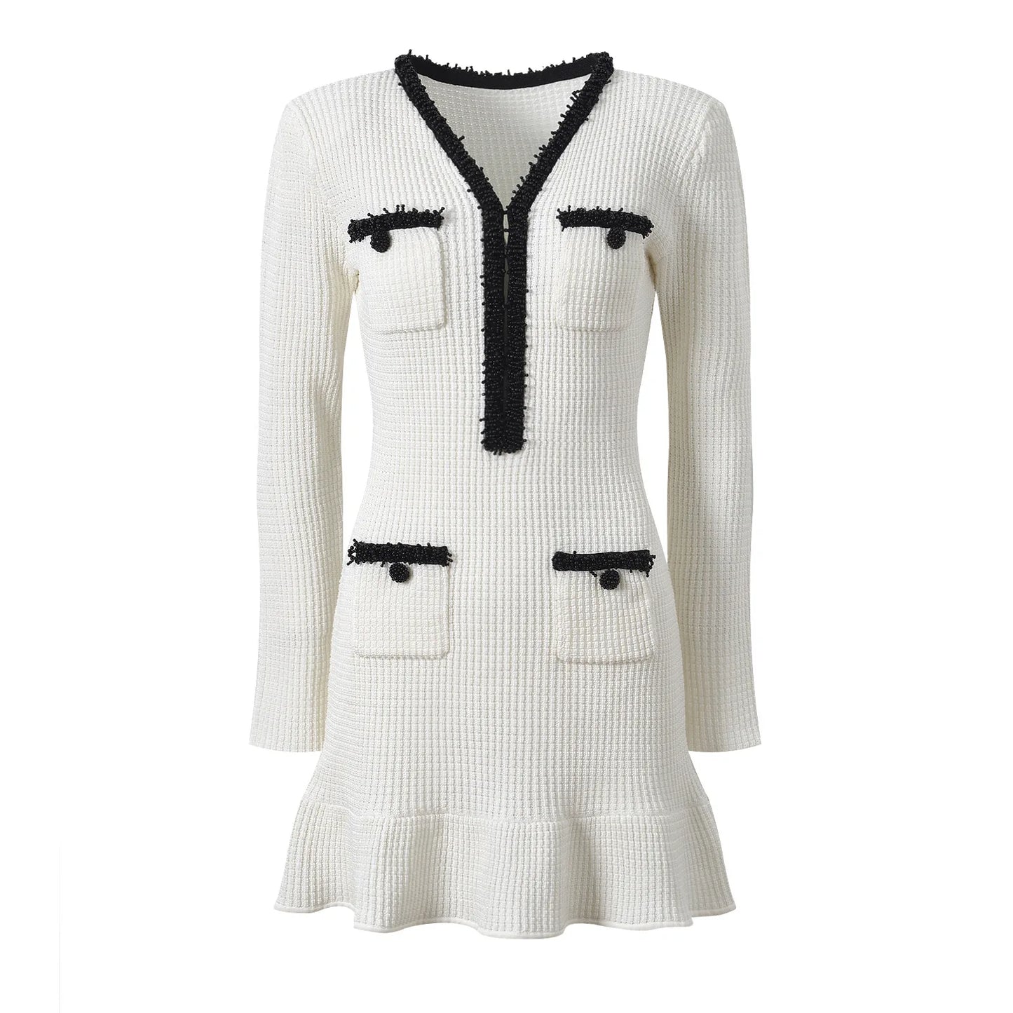 V-neck Long Sleeve Women Knit Slim Fitted Short Mini Colorblock Mermaid Dress