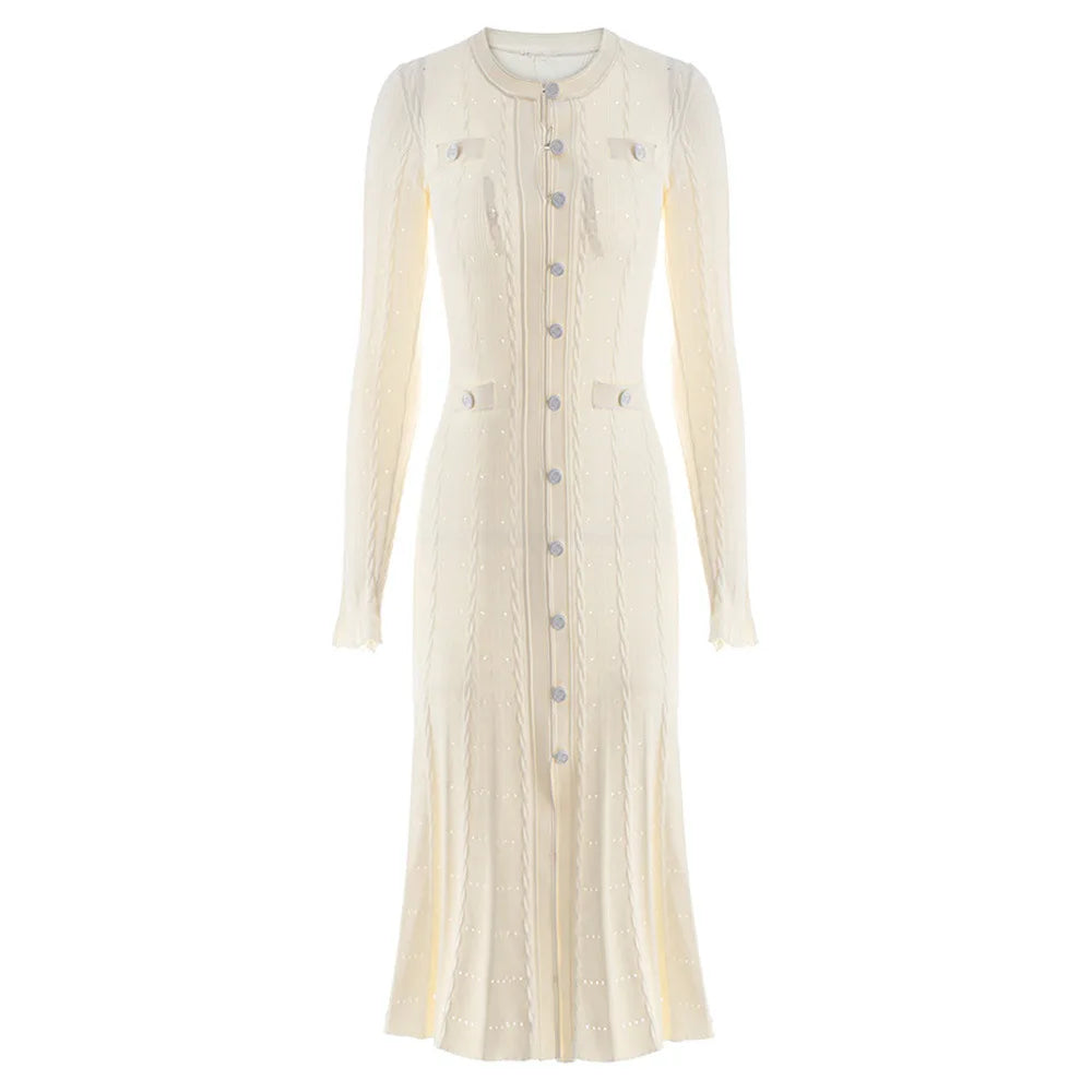 O-neck Long Sleeve Women Knit Slim Fitted Flared Hem Midi Dress