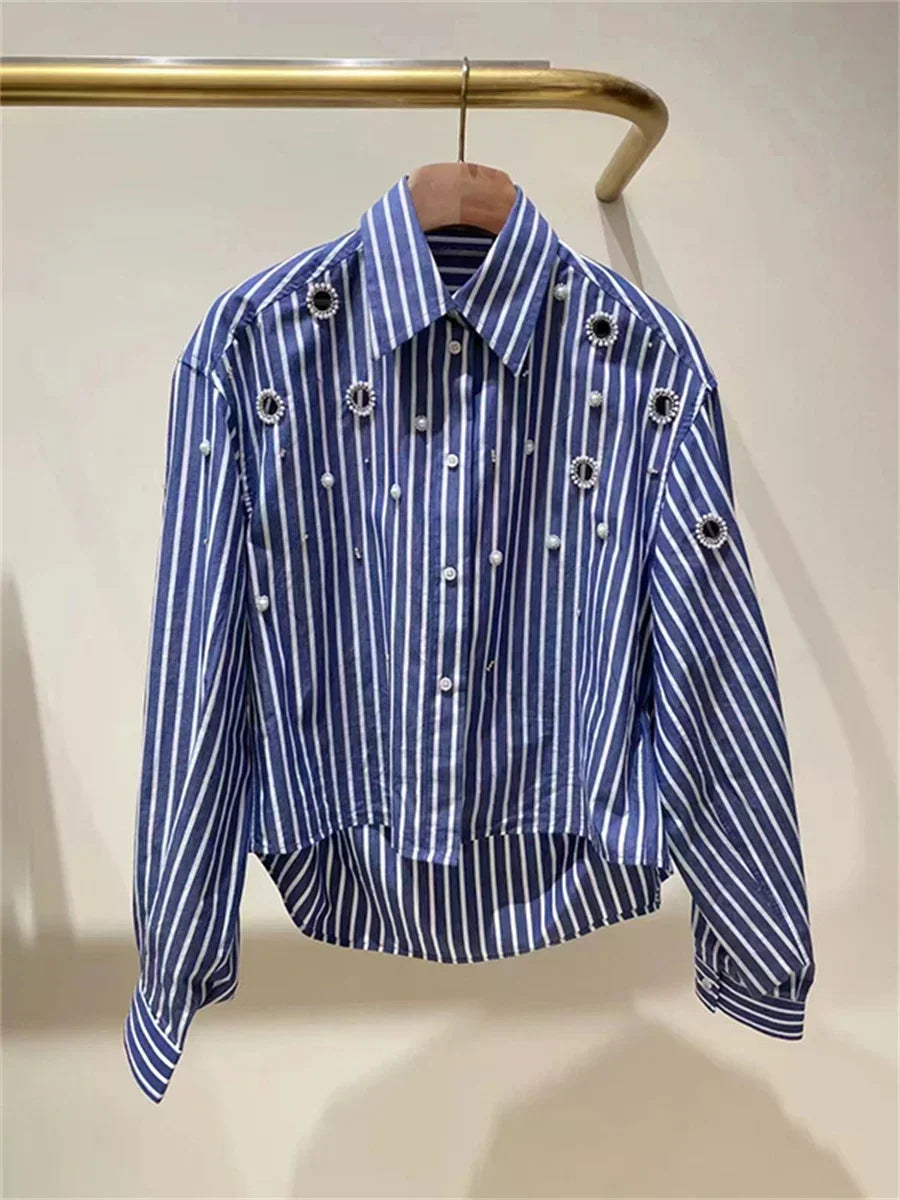 Women's blue long-sleeved pearl hollow shirt