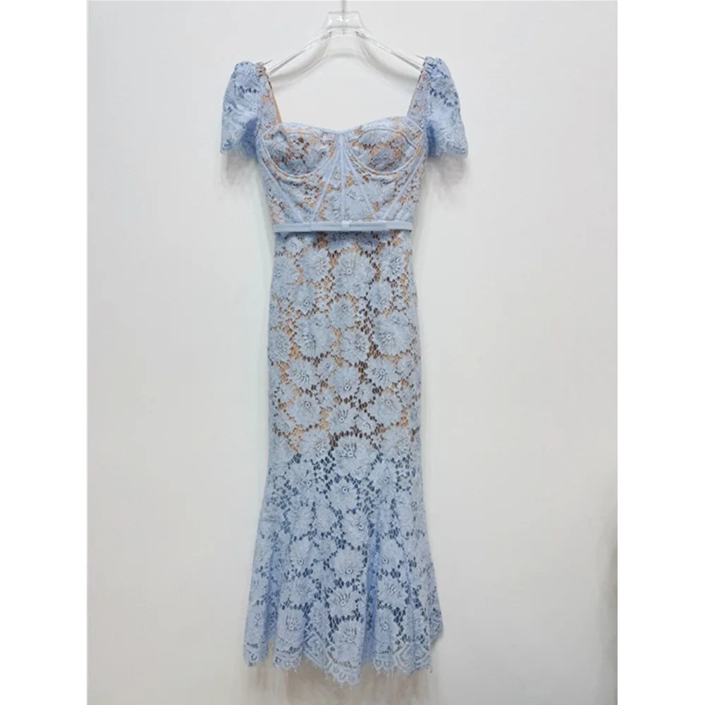 Women's blue lace hollow elegant short-sleeved dress
