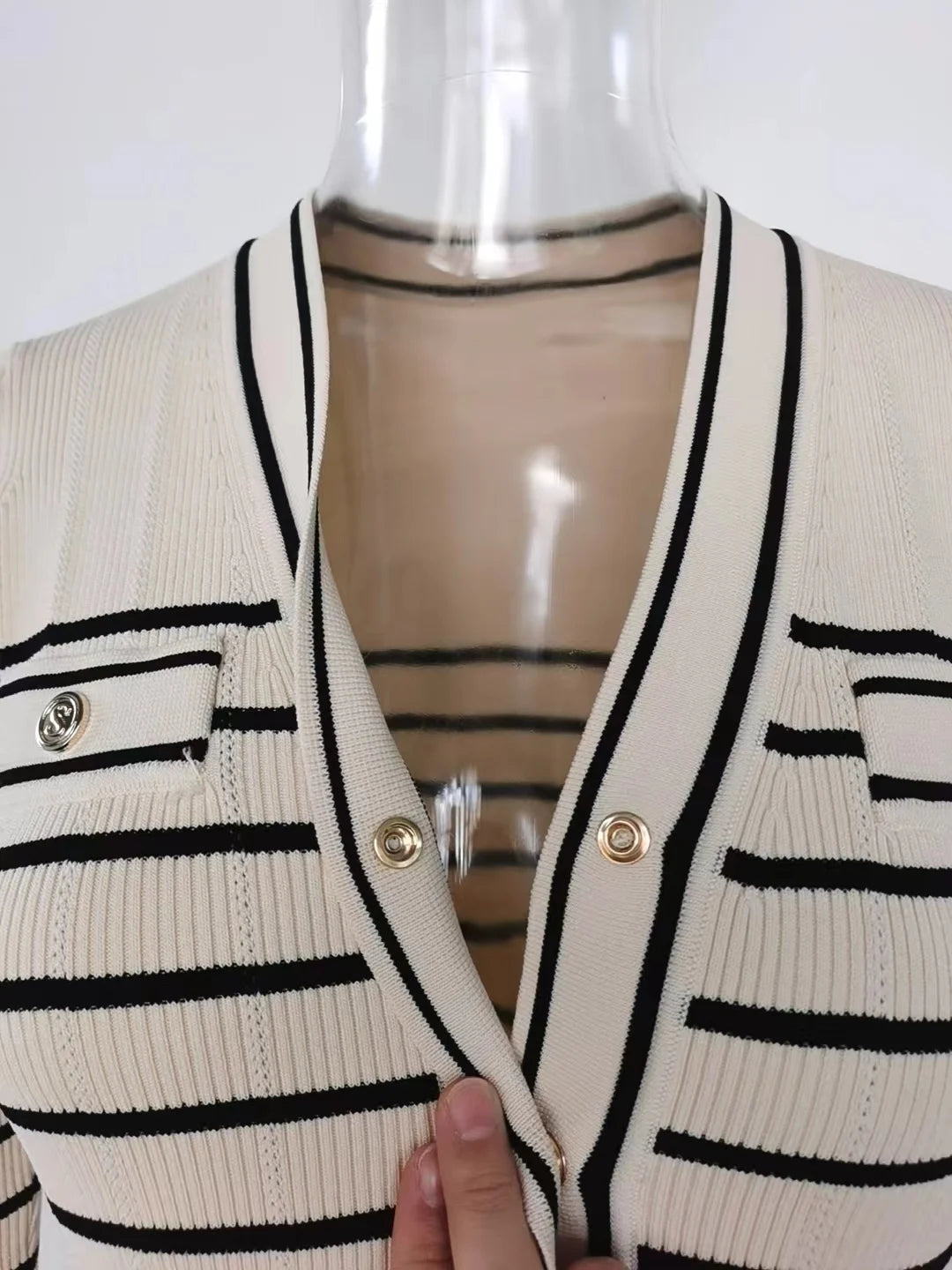 Women Full Long Stripped Knitted Dress V-neck Flare Sleeve Quality Gorgeous Designing