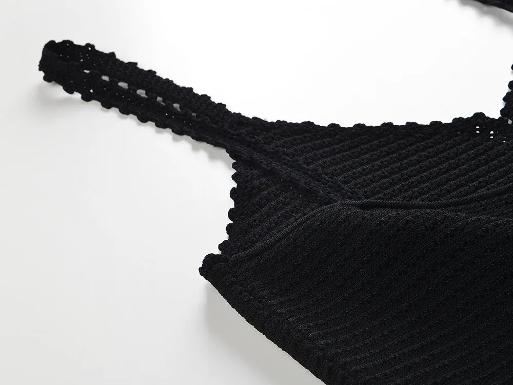 Women Hollow Out Knitted Designed Mermaid Skirt Slim Fitted Women Midi Slip Dress Black