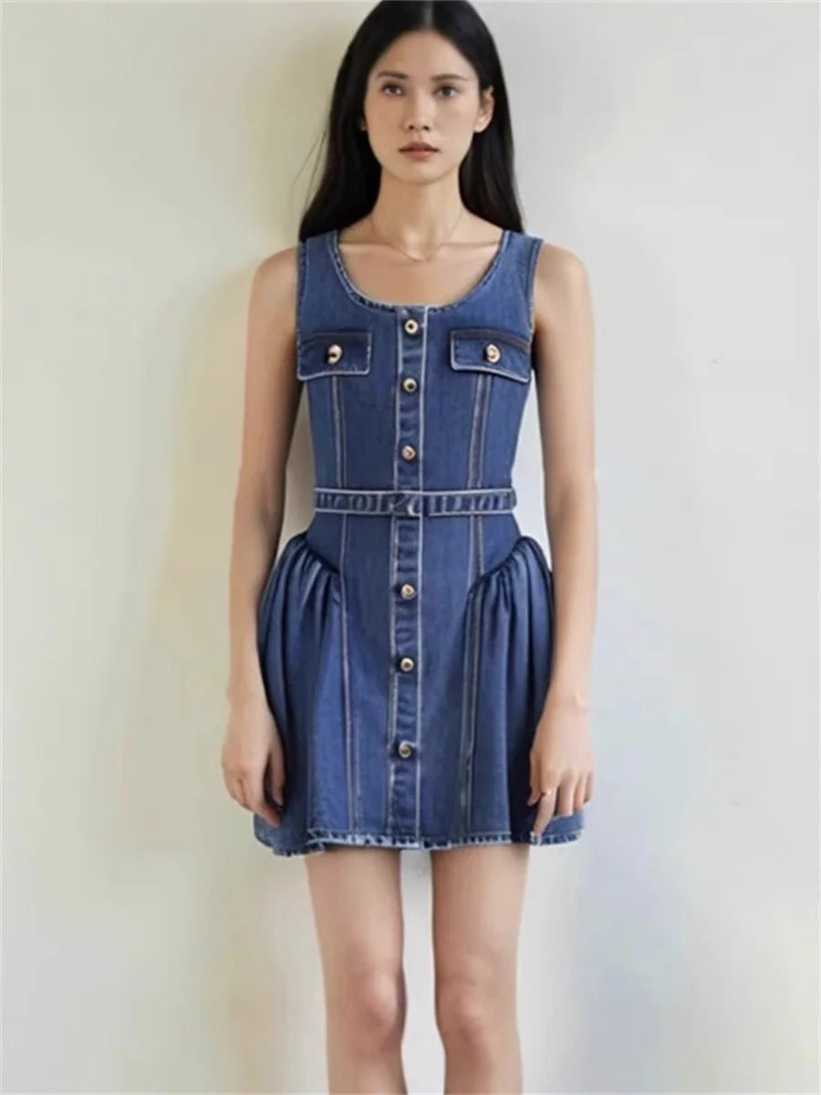 Blue Women Denim Mini Ball Gown Dress