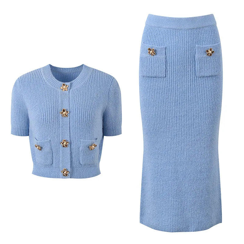 O-neck Short Sleeve Single-breasted Cardigan Long Skirt Women Flowers Button Knit 2Pcs