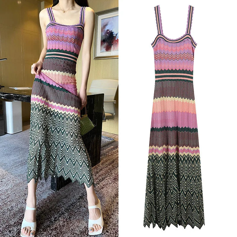Designed Wavy Pattern Lady Summer Cloth Colorblock Knits Pleated Slip Long Dress For Women