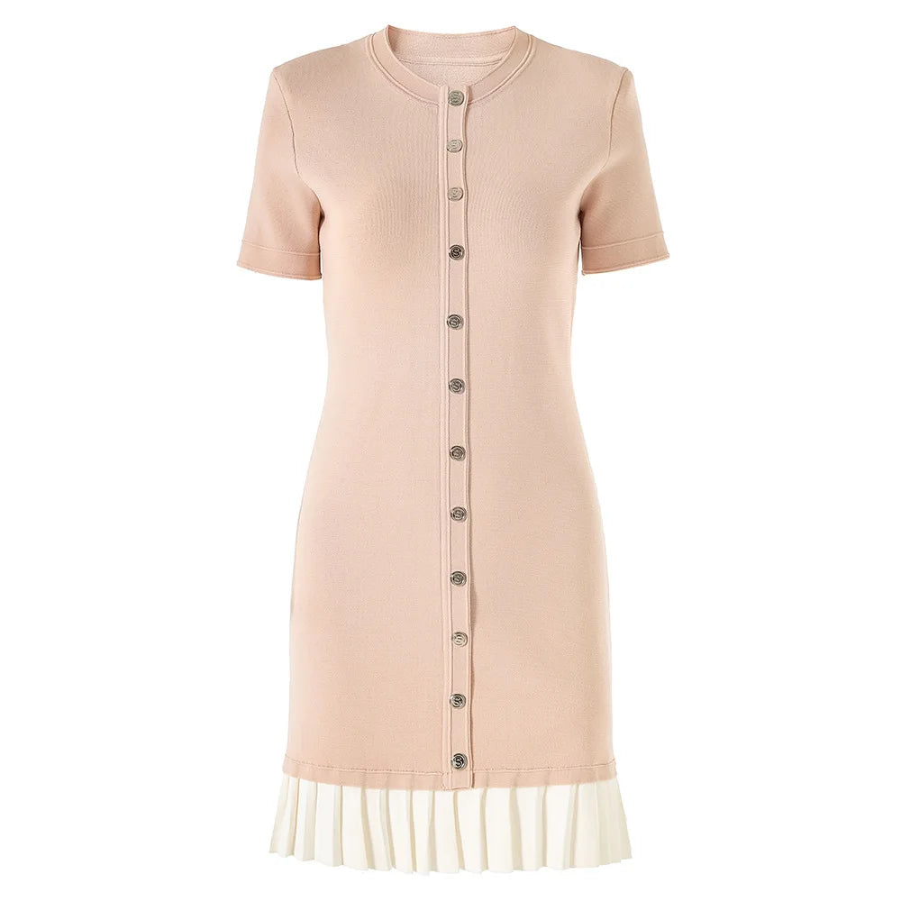 O-neck Short Sleeve Pleated Hem Wear Women Knit Single-breasted Mini Slim Dress