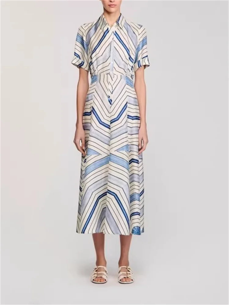 Women's short-sleeved lapel printed colorful dress