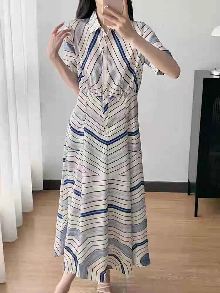 Women's short-sleeved lapel printed colorful dress