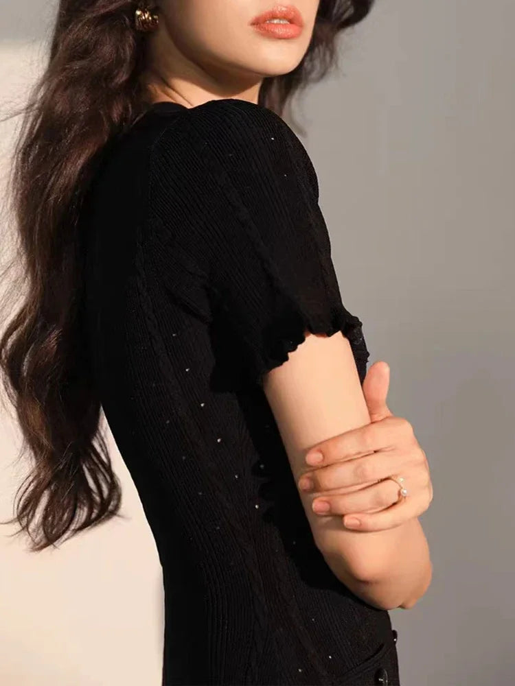 Women's Short Sleeve Round Neck Slim Fit Knit Elegant Dress