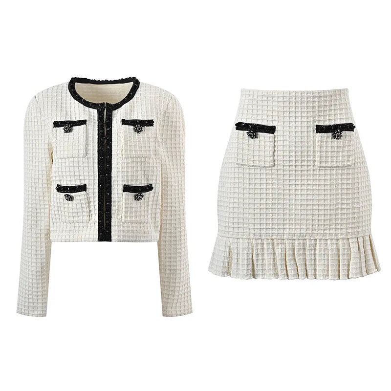 O-neck Single-breasted Cardigan Slim Mini Skirt Women Solid 2Pcs
