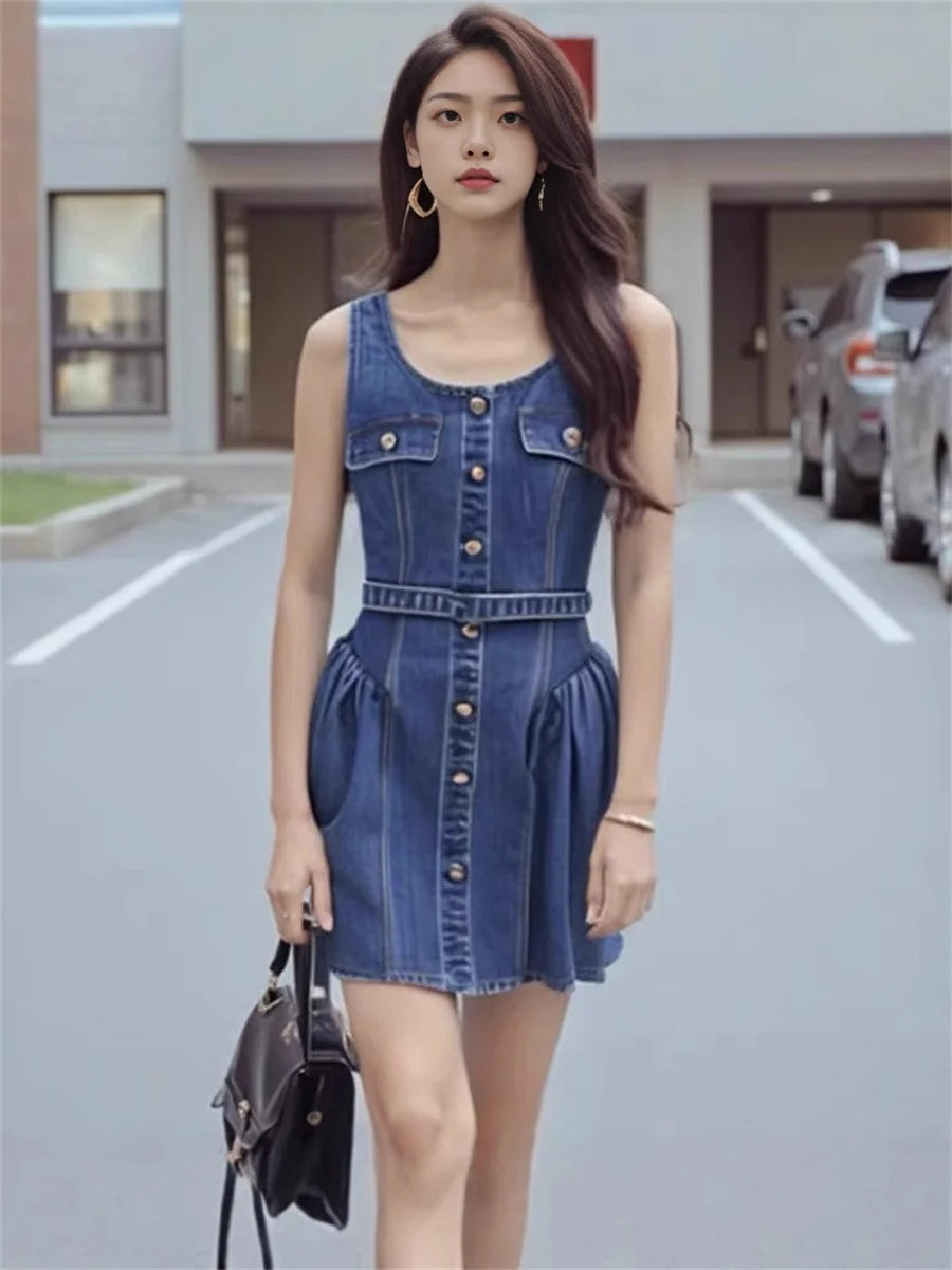 Blue Women Denim Mini Ball Gown Dress