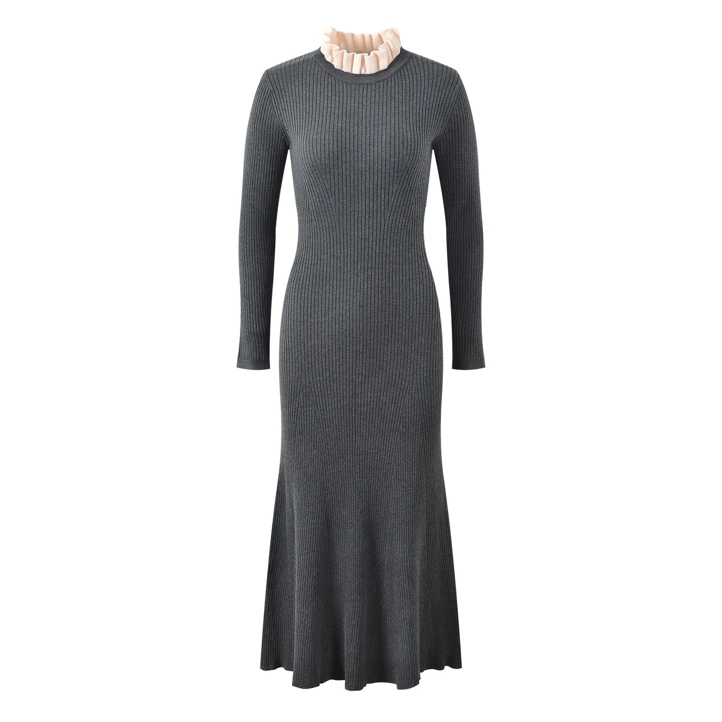 Patchwork Ruffles Collar Long Sleeve Flared Hem Solid Knits Maxi Dress For Women