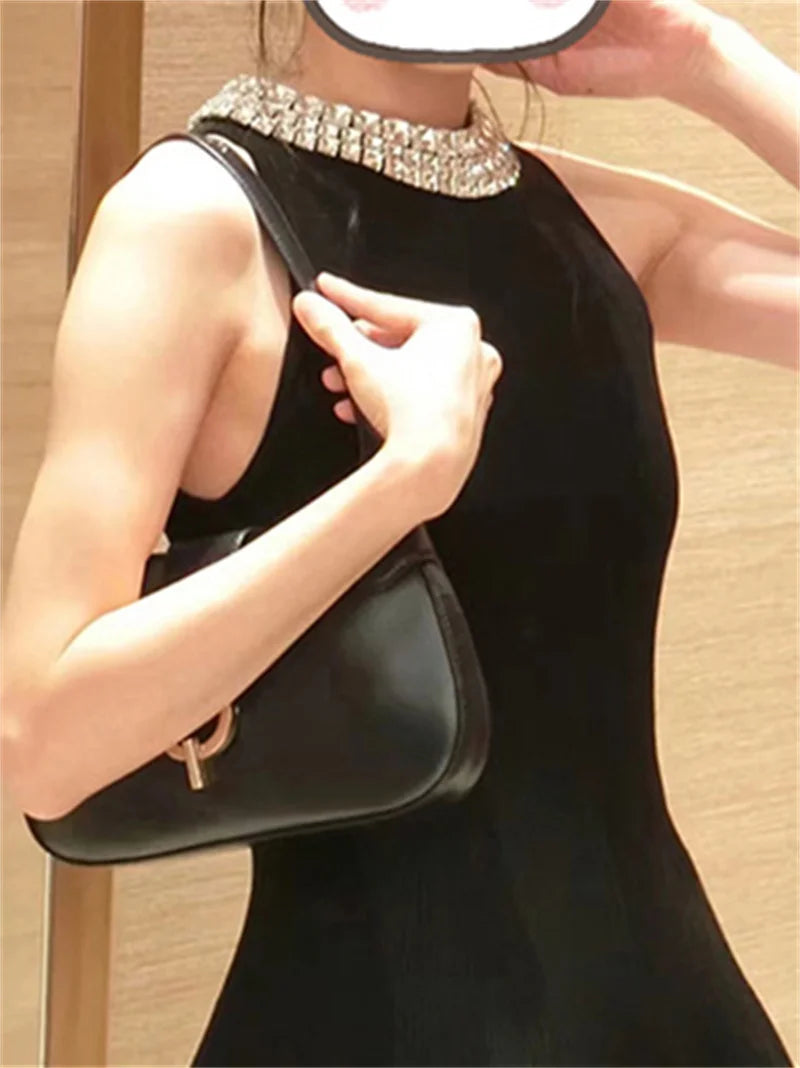 Women's black diamond studded knitted round neck dress