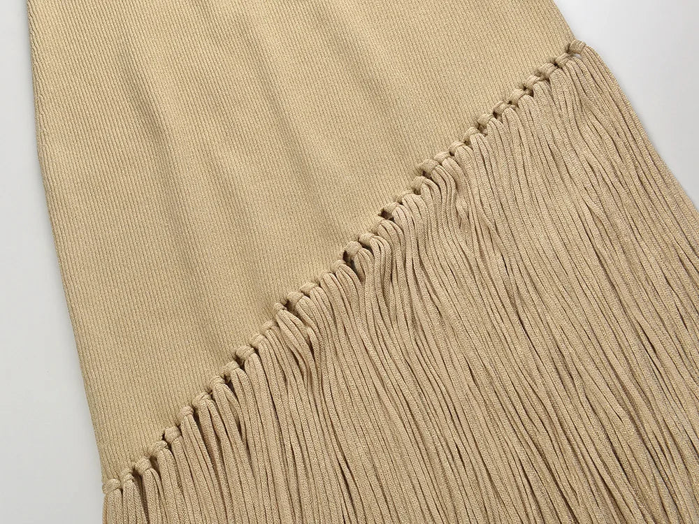 Women Knitted Slim Fitted Designed Tassel Solid Long Dresses