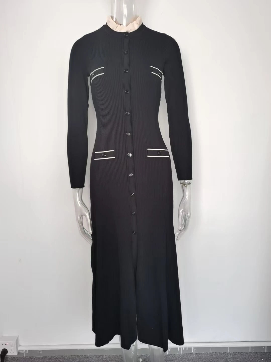 Long Sleeve High Slit Women Full Length Slim Knitting Dress