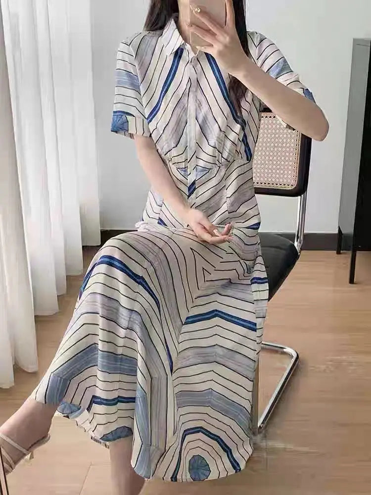 Women's short-sleeved lapel printed colorful dress