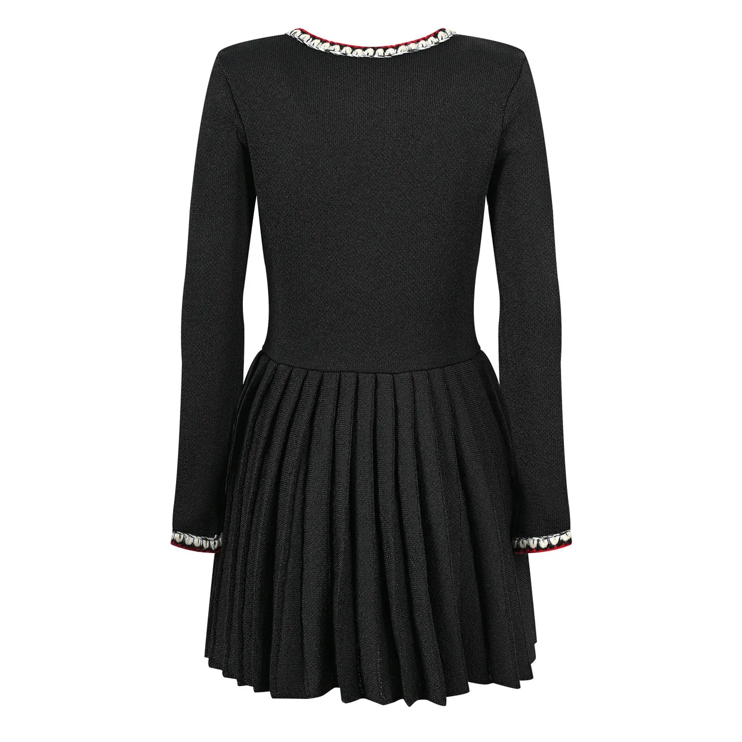 Long Sleeve Women Knit Slim Fitted Pleated Short Mini Black Dress