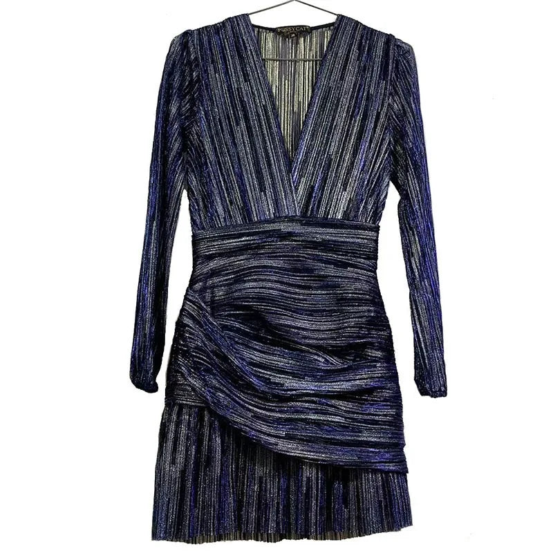 Sexy V-neck Pleated Dress Long Sleeve Wrap Waist