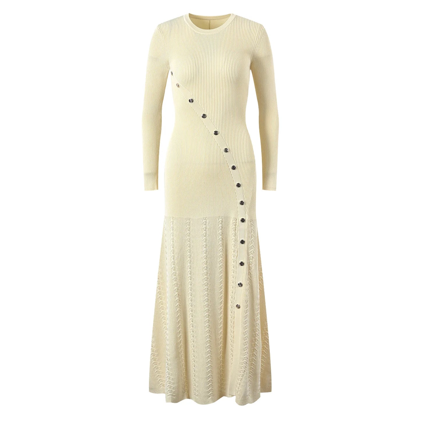 Knit Long Sleeve Round Collar Ladies Fashion Fit And Flare Maxi Long Solid Dresses