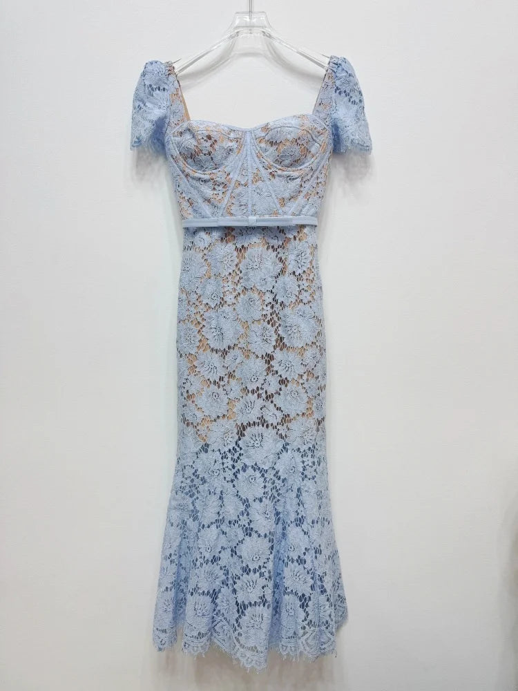 Women's blue lace hollow elegant short-sleeved dress