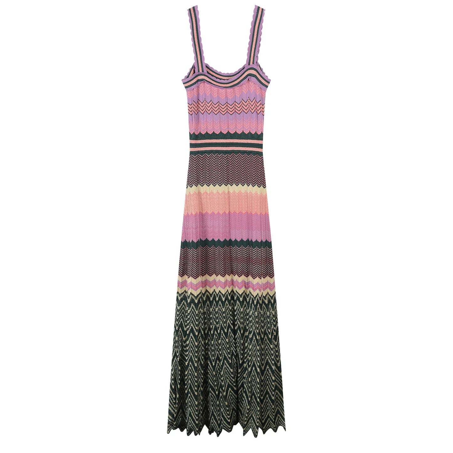 Designed Wavy Pattern Lady Summer Cloth Colorblock Knits Pleated Slip Long Dress For Women