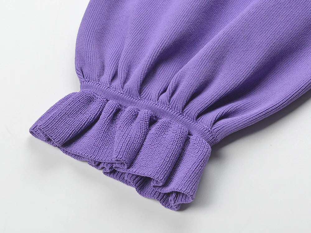 Long Sleeve Women Knit Slim Fitted Ruffles Hem Short Mini Solid Dress