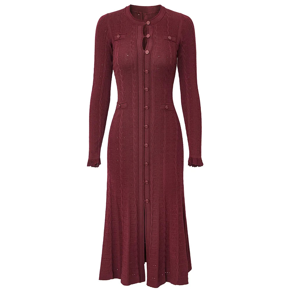 O-neck Long Sleeve Women Knit Slim Fitted Flared Hem Midi Dress