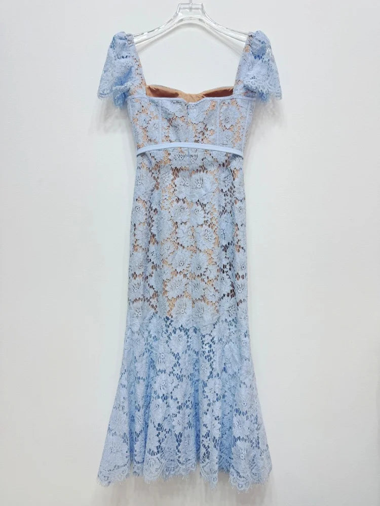 Women's blue lace hollow elegant short-sleeved dress