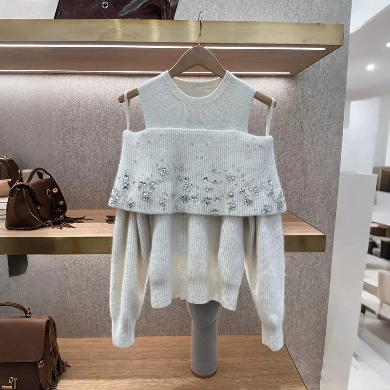 Diamond Decoration Women's Sexy Off Shoulder Knit Sweater