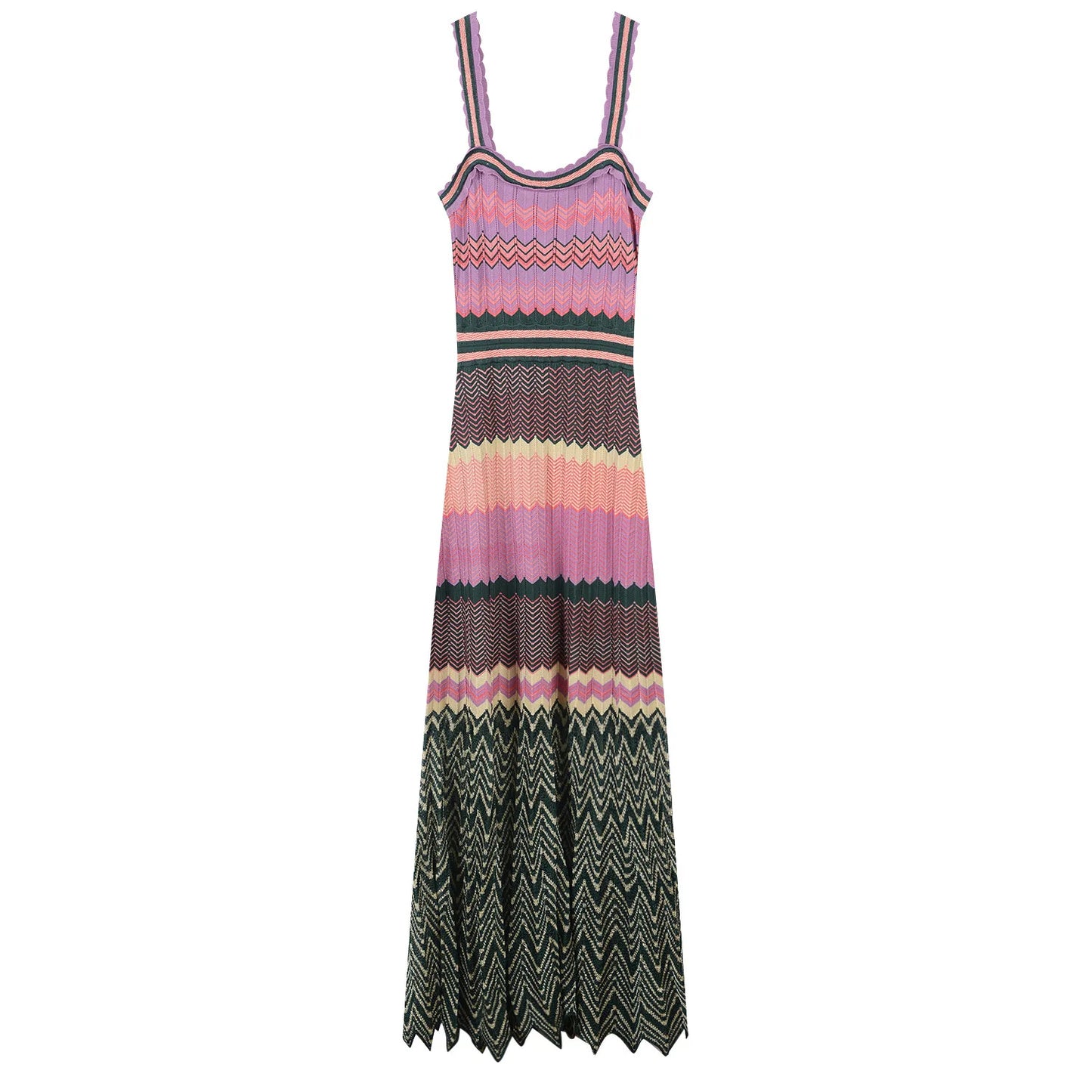 Designed Wavy Pattern Lady Summer Cloth Colorblock Knits Pleated Slip Long Dress For Women