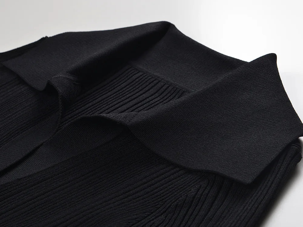 Long Sleeve Stitching Slim Fitted Women Single-breasted Knits Long Solid Dress