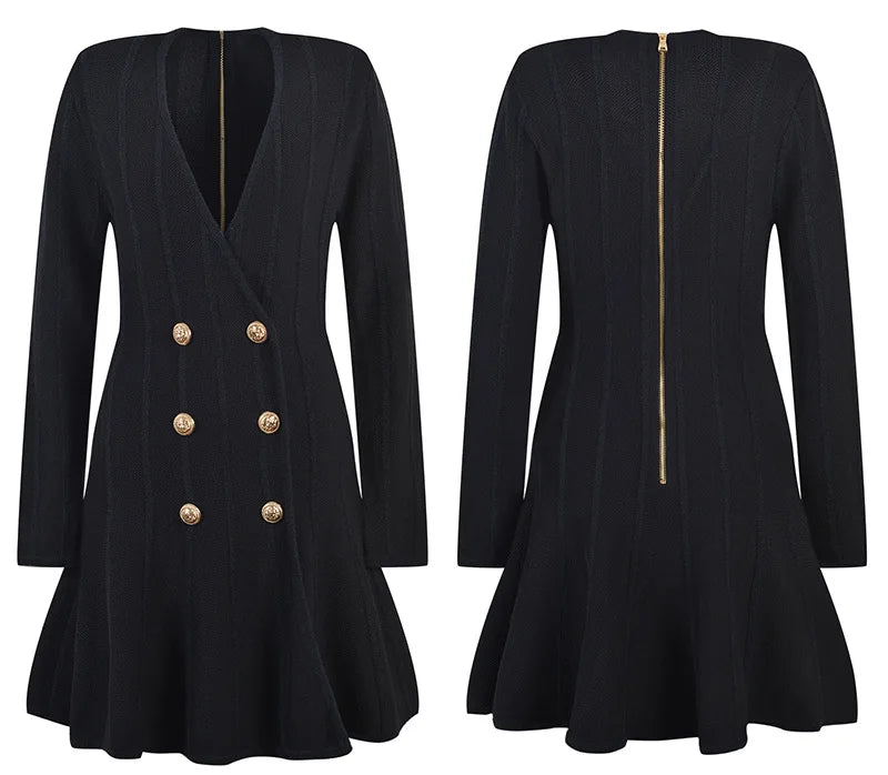 Women Luxury Design V-neck Long Slevee Fall 2025 Lady Knit A-line Dress