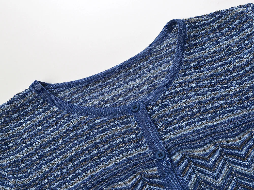 Blue round neck long sleeve sweater cardigan