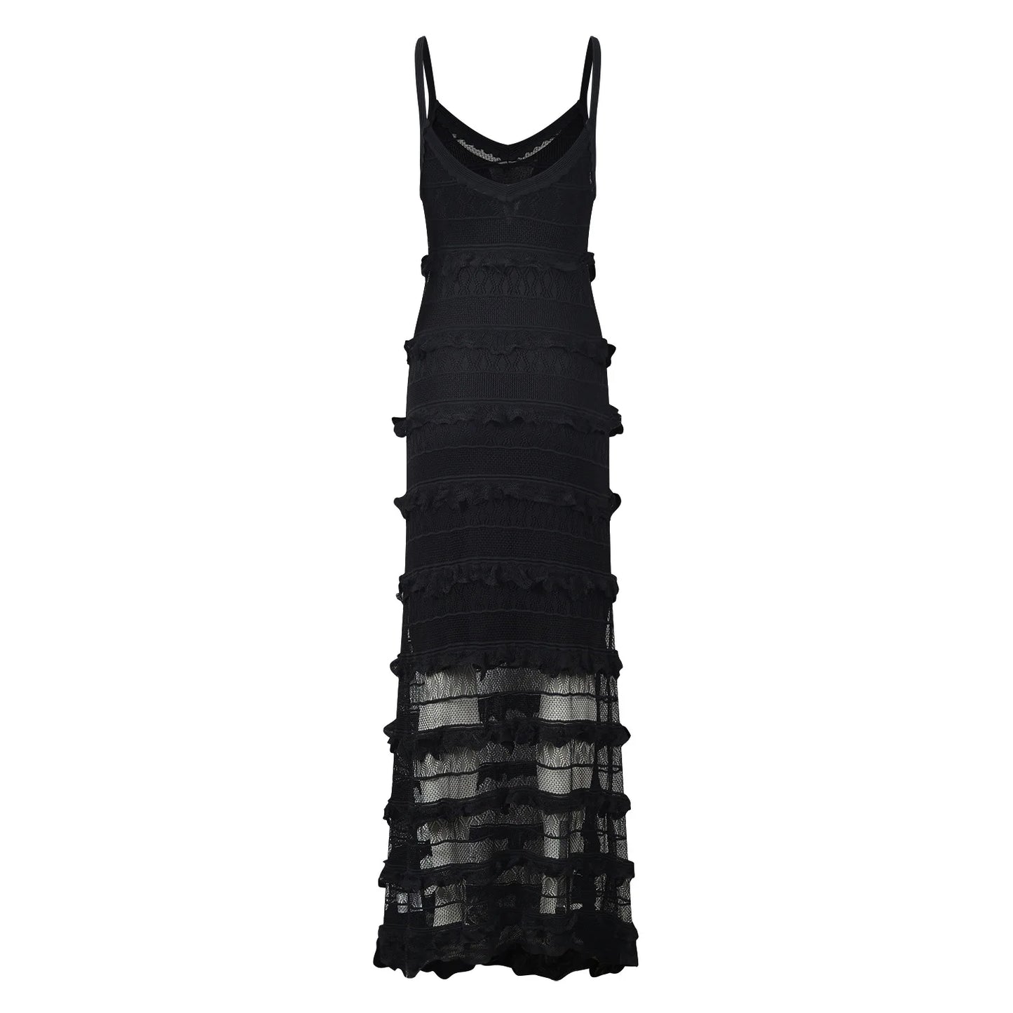 V-neckline Elegant Style Flounce Women Long Slip Dress Black