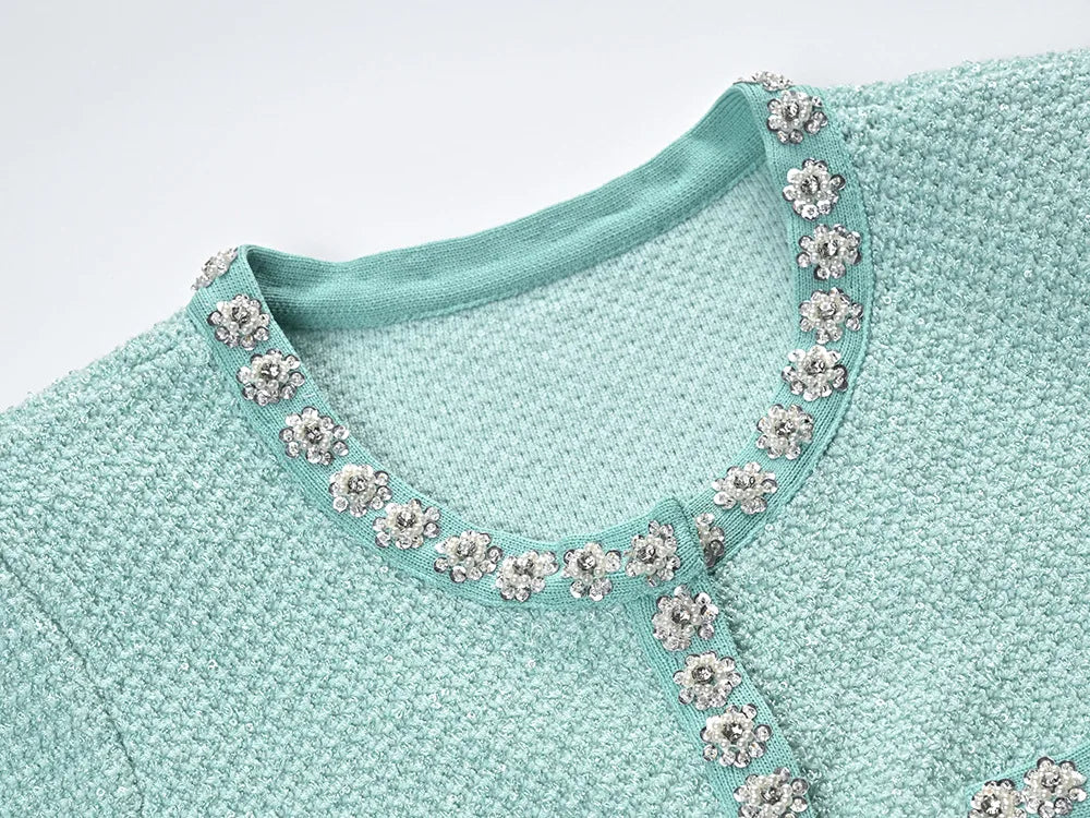 O-neck Short Sleeve Rhinestone Beads Wear Women Knit Mini Sequined A-line Dress