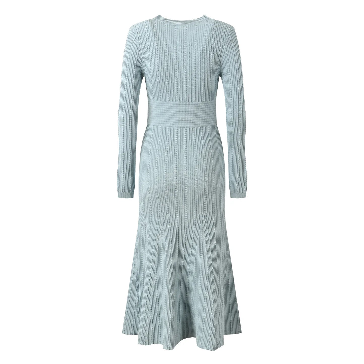 Long Sleeve Women Knit Slim Fitted Flared Hem Maxi Mermaid Dress