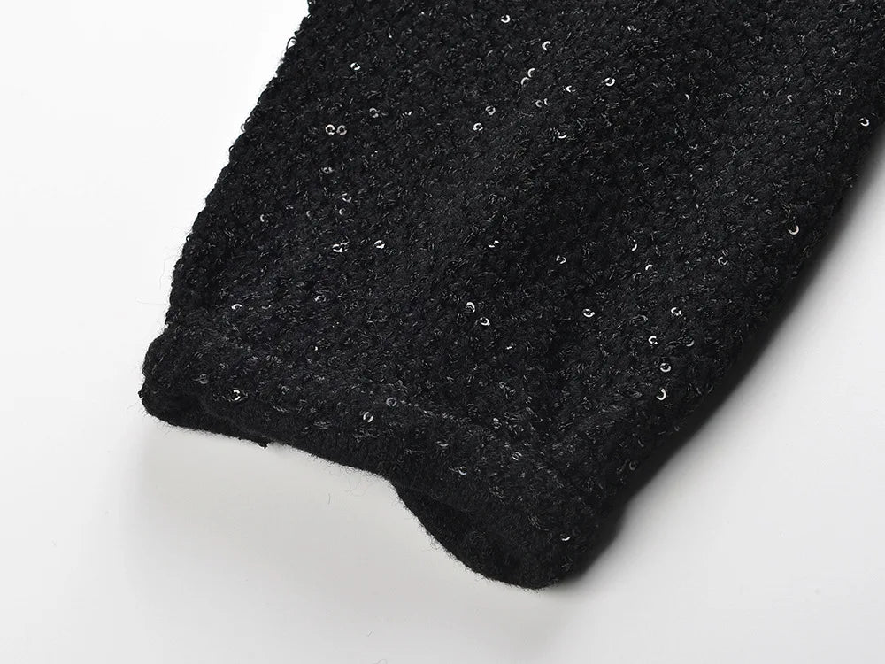 Long Sleeve Beads Wear Women Knit Slim Fitted Short Mini Solid Sequined A-line Dress