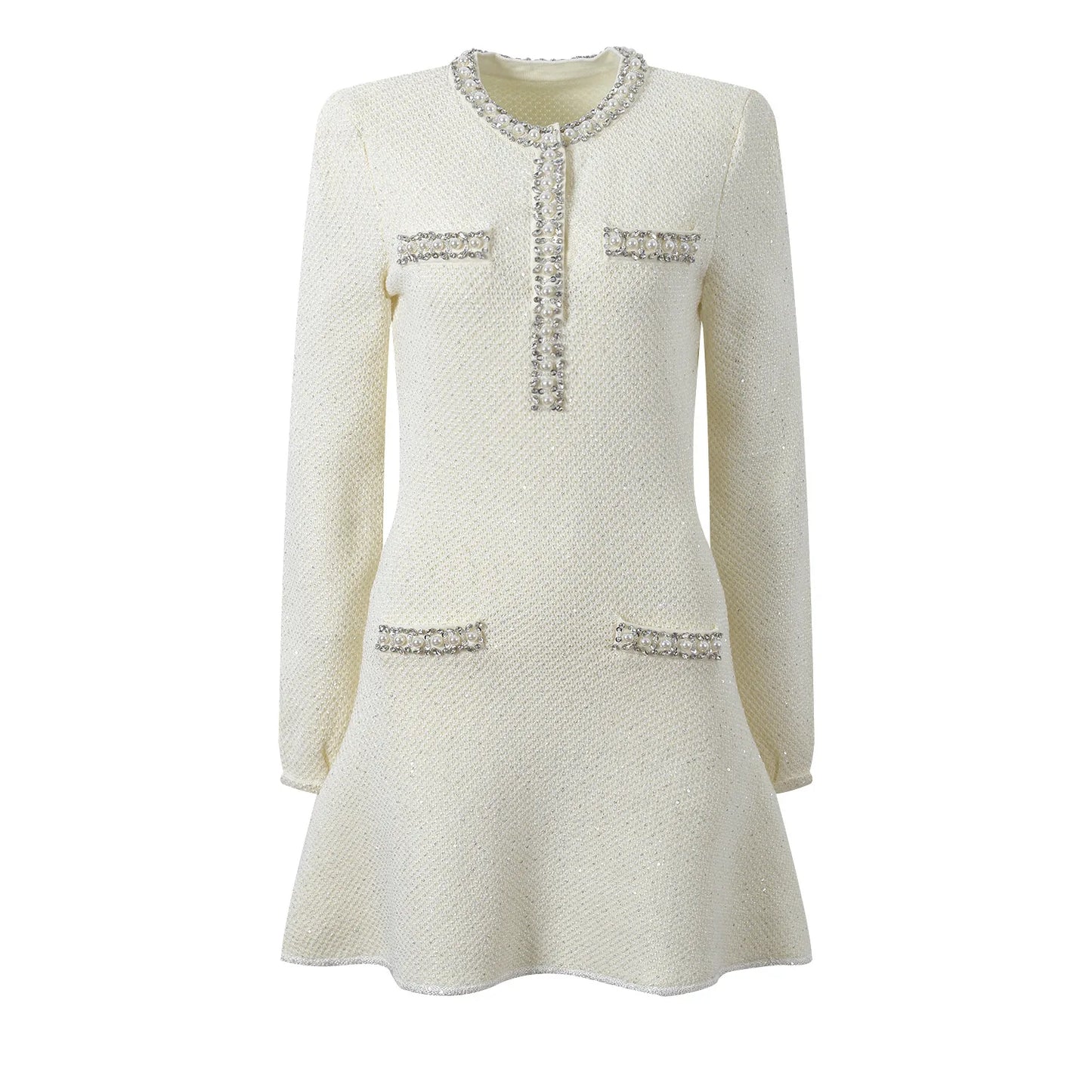 Long Sleeve Beads Wear Women Knit Slim Fitted Short Mini Solid Sequined A-line Dress