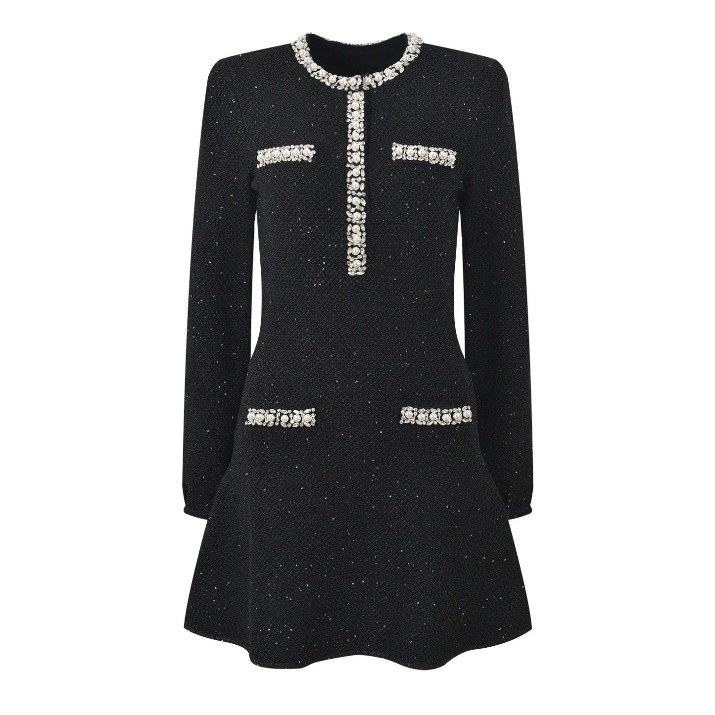 Long Sleeve Beads Wear Women Knit Slim Fitted Short Mini Solid Sequined A-line Dress