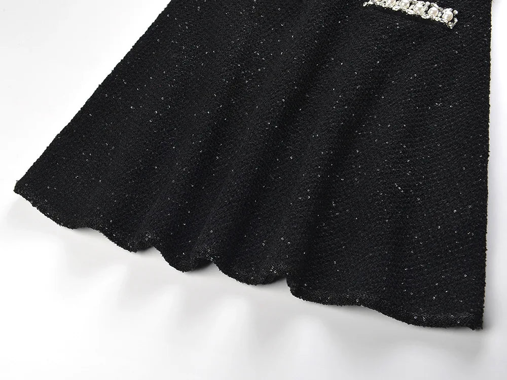 Long Sleeve Beads Wear Women Knit Slim Fitted Short Mini Solid Sequined A-line Dress