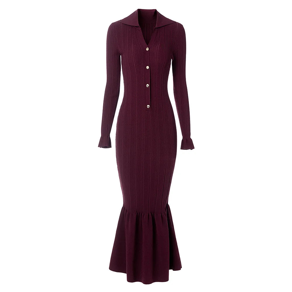 Women Knit Slim Fitted Flared Hem Maxi Dress