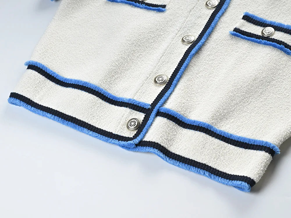 Short Sleeve Single-breasted Cardigan Mini Skirt Women Colorblock Knit 2Pcs
