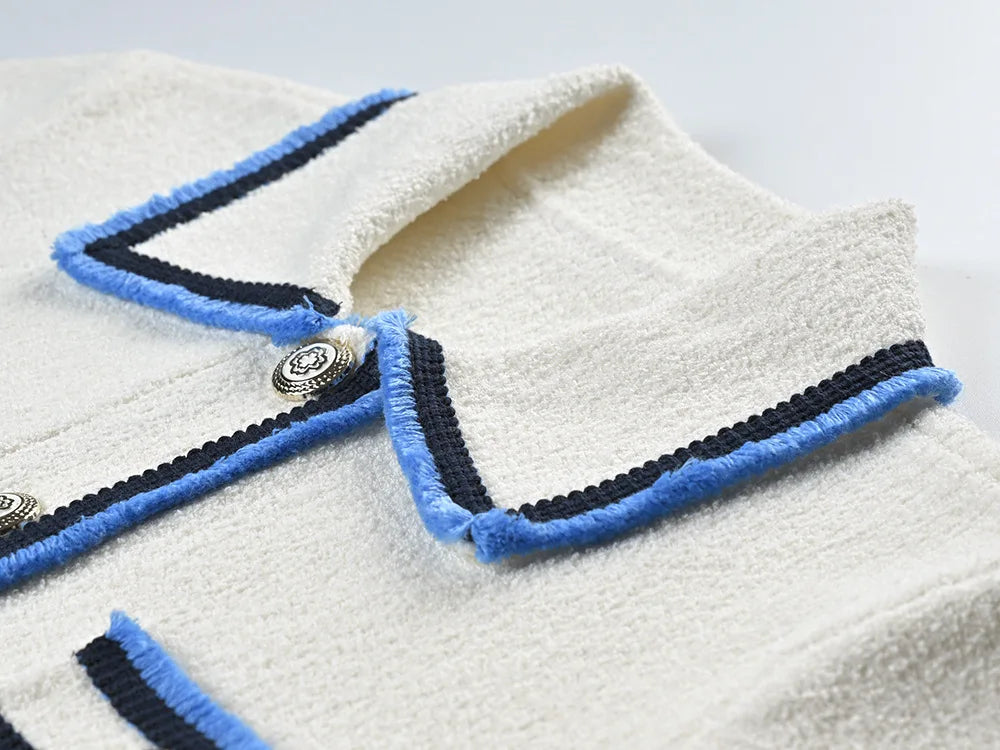 Short Sleeve Single-breasted Cardigan Mini Skirt Women Colorblock Knit 2Pcs