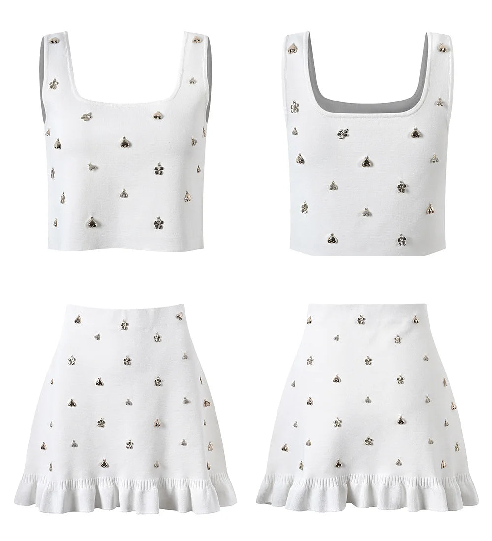 Square Collar Sleeveless Tank Top Slim Mini Skirt Women Solid 2Pcs