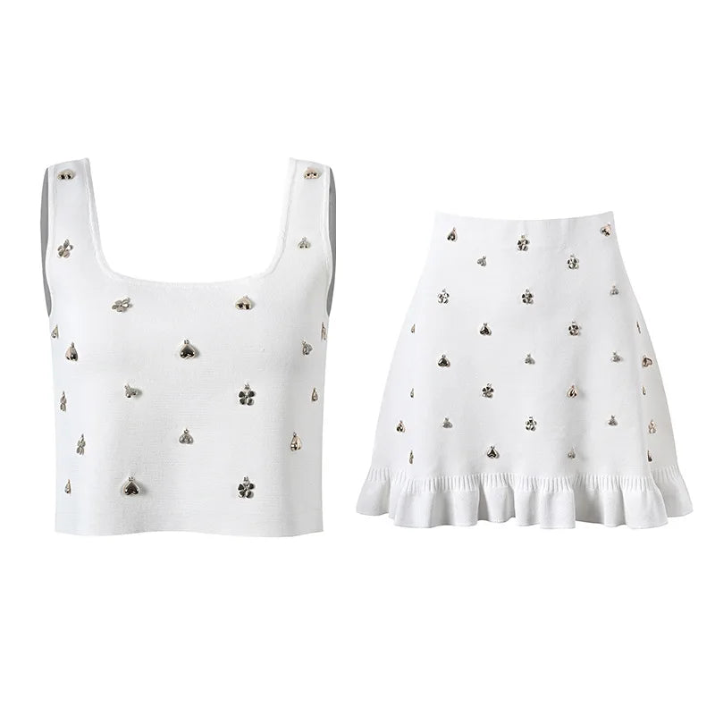Square Collar Sleeveless Tank Top Slim Mini Skirt Women Solid 2Pcs