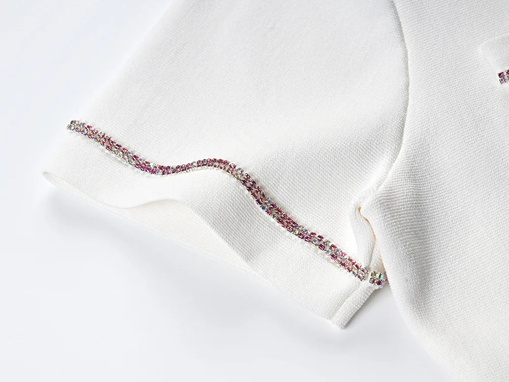 Short Sleeve Single-breasted Cardigan Midi Skirt Women Colorblock Knit 2Pcs