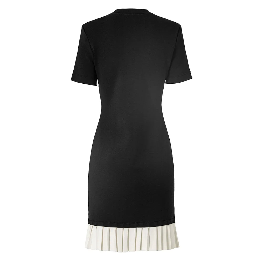 O-neck Short Sleeve Pleated Hem Wear Women Knit Single-breasted Mini Slim Dress