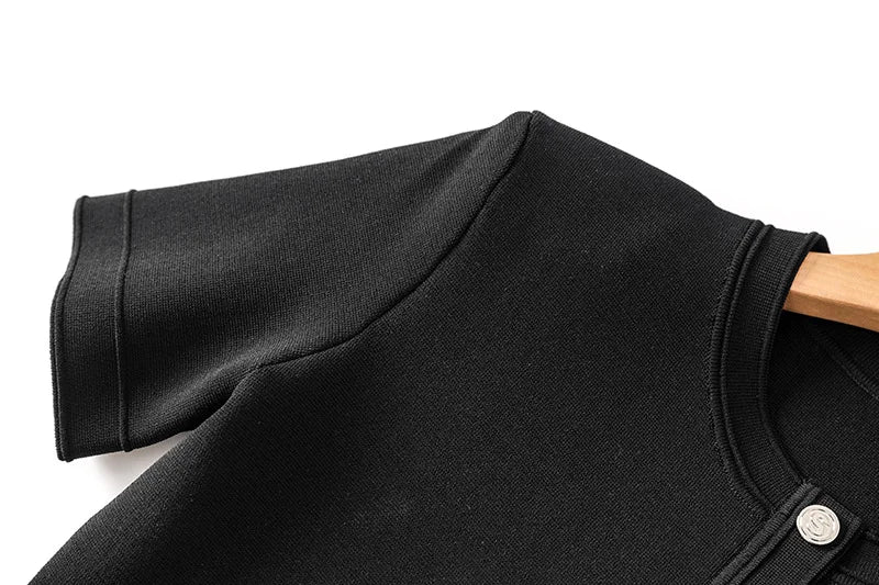O-neck Short Sleeve Pleated Hem Wear Women Knit Single-breasted Mini Slim Dress