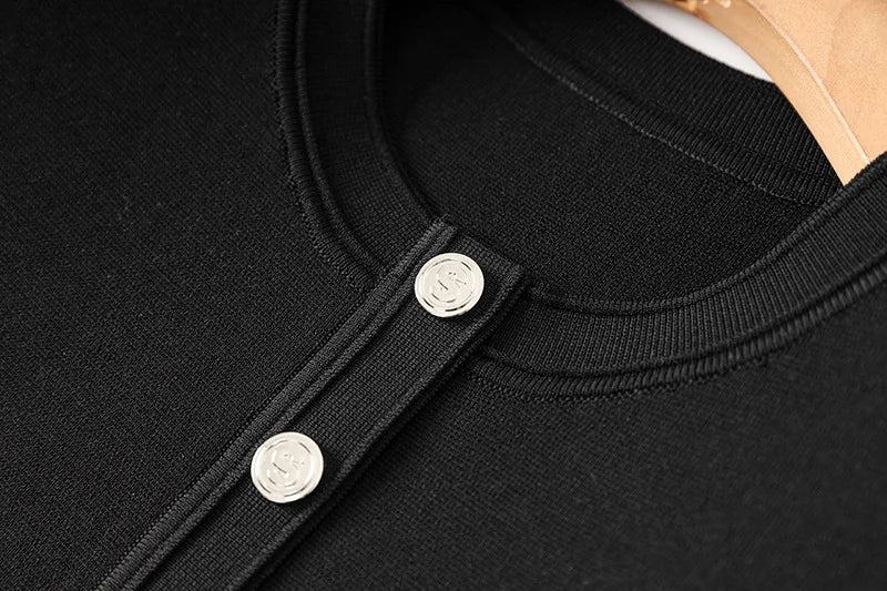 O-neck Short Sleeve Pleated Hem Wear Women Knit Single-breasted Mini Slim Dress